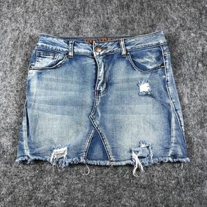 VIP Jeans Denim Mini Skirt Womens L Blue Distressed Frayed Hem Stretch